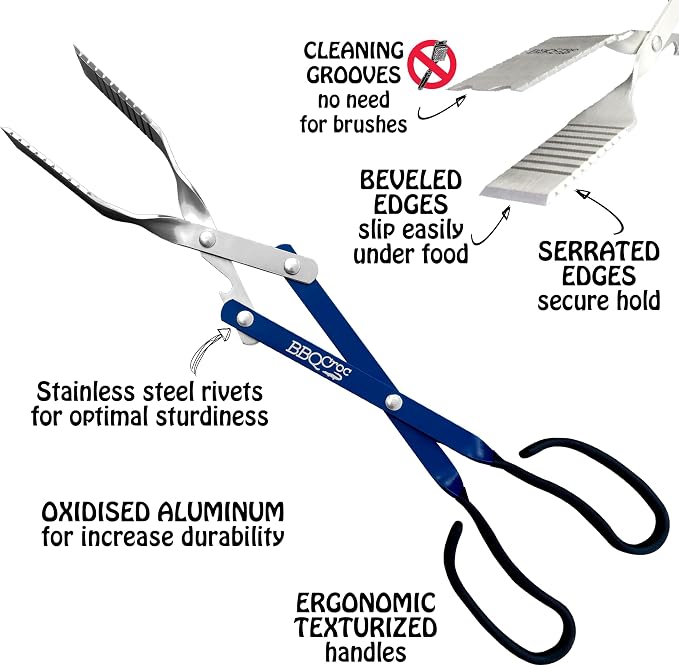 3 in 1 Barbecue Tool 18-inch by BBQ Croc - Light and Long Tongs, Spatula and Grill Scraper (Blue) (18 inch Without Flashlight)