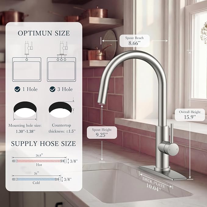 FORIOUS Kitchen Faucets with Pull Down Sprayer, Brushed Nickel Single Handle Stainless Steel High Arc Kitchen Sink Faucet with Deck Plate, 1 or 3 Hole Sink Faucet for Bar RV Outdoor Laundry