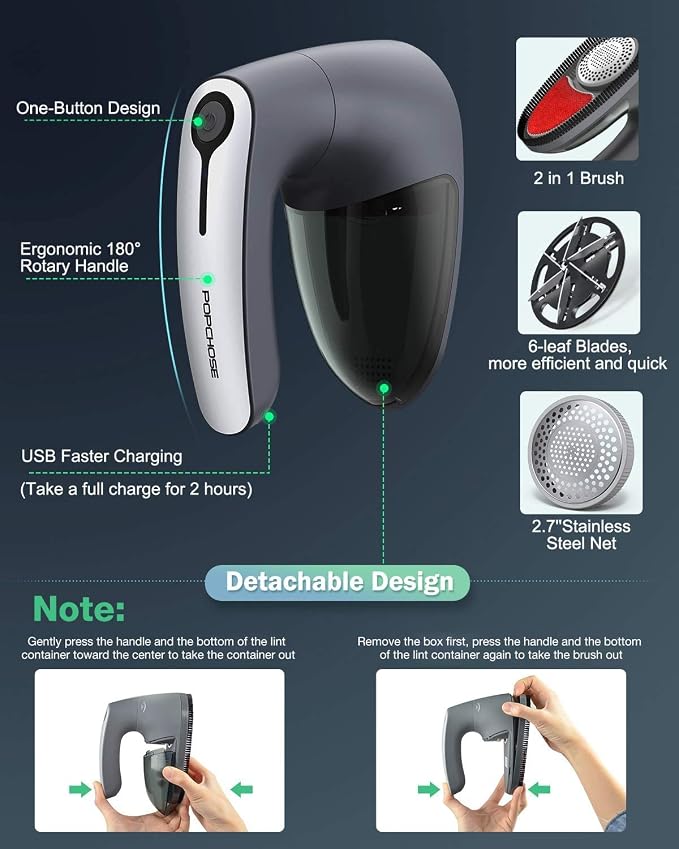 POPCHOSE Fabric Shaver, Rechargeable Lint Remover with 6-Blades and Electrostatic Brush, Dry Brushing Body Brush