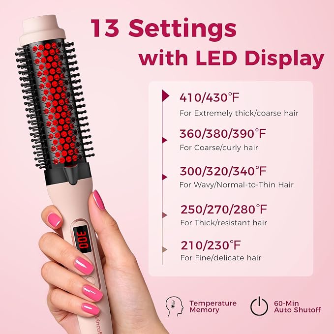 Infrared Thermal Brush, Dual Voltage Negative Ions Heated Round Brush, 1 1/2 Inch Straightener & Curling Iron Brush 2 in 2, Dual PTC Non-Blowing Thermal Round for Wome, Soft Pink