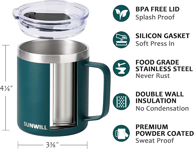 SUNWILL Travel Coffee Mug Set of 2, Insulated Tumbler with Lid, 14 oz Stainless Steel Cup with Handle for Camping, Office, Home, Powder Coated Forest Green & Plum