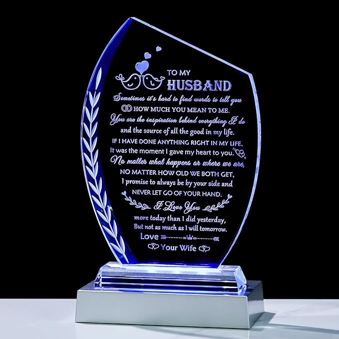 Best Birthday Gifts for Husband from Wife Unique Glass Plaque, Wedding Anniversary Meaningful Present To My Husband with Colorful Led Base for Christmas Valentines Fathers Day