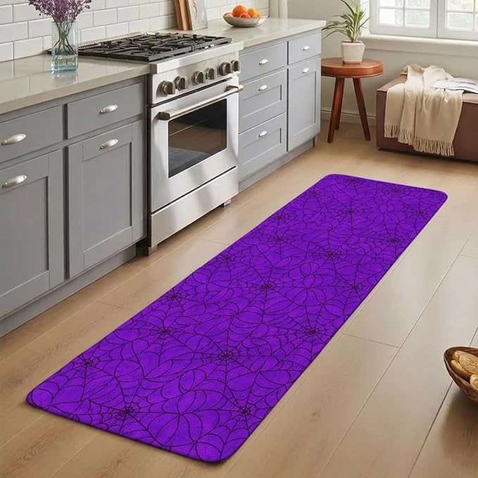 Hallway Runner Rug Indoor Outdoor 19.7"x63", Purple Halloween Absorbent Non Slip Floor Rug, Black Spiders Net Classic Gingham Low Profile Door Mat for Double Door Kitchen Laundry Room Corridor Mudroom