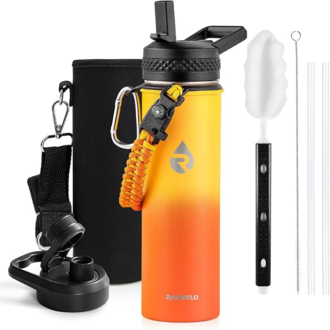 RAYMYLO Insulated Water Bottle 20 oz, Triple Wall Vacuum Stainless Steel (Cold for 24Hrs, Hot for 12Hrs), Leak Proof & Non-BPA, Modern Water Bottle Jug for School with Straw Spout Lids
