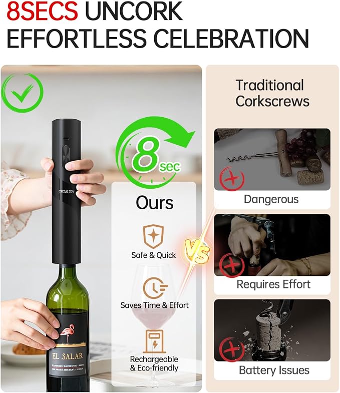 CIRCLE JOY Rechargeable Wine Opener Electric Wine Bottle Opener, 7-in-1 Wine Gift Set with Electric Vacuum Pump, Charging Station, Foil Cutter, Wine Aerator Pourer and 2 Wine Stoppers, Black