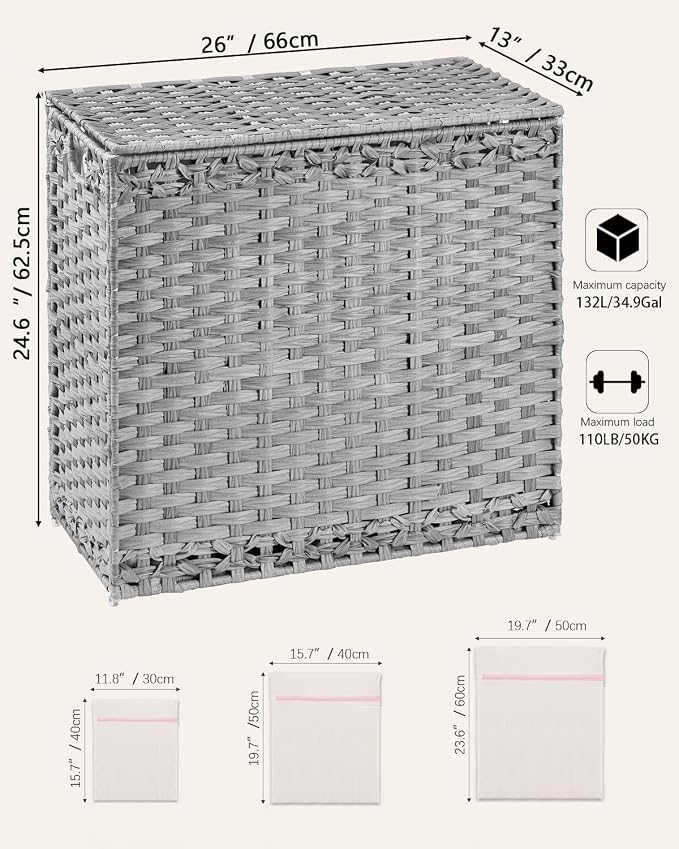 SETVSON Laundry Hamper with Lid Laundry Basket 132 L PE Rattan, Gray | 35 Gal PE Rattan Hamper with Lid, 4 Removable Washable Liners, 6 Mesh Laundry Bags, Steel Frame, Side Handles