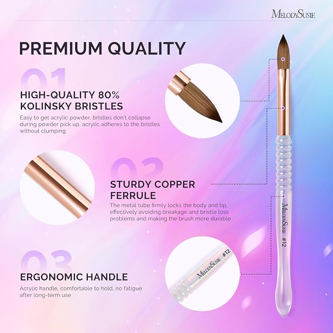 MelodySusie Kolinsky Acrylic Nail Brush, 80% Pure Kolinsky Hair, Professional Nail Brush for Acrylic Powder Nail Extension and 3D Nail Carving, Nail Art Tools for DIY Home Salon, Size 12