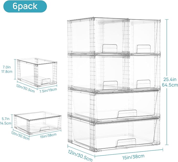 Vtopmart 6 Pack Stackable Storage Drawers, Easily Assemble Clear Plastic Organizer Bins, 2 Wide Drawers and 4 Medium Drawers for Pantry, Kitchen Cabinet, Bathroom, Closet Organization and Storage