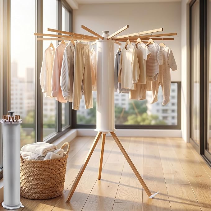 Foldable Clothes Drying Rack, Laundry Drying Rack Collapsible, 16-Pole Solid Beech Wood Tripod Clothes Drying Rack, Portable Clothes Drying Rack, Indoor/Outdoor Clothes Drying Rack