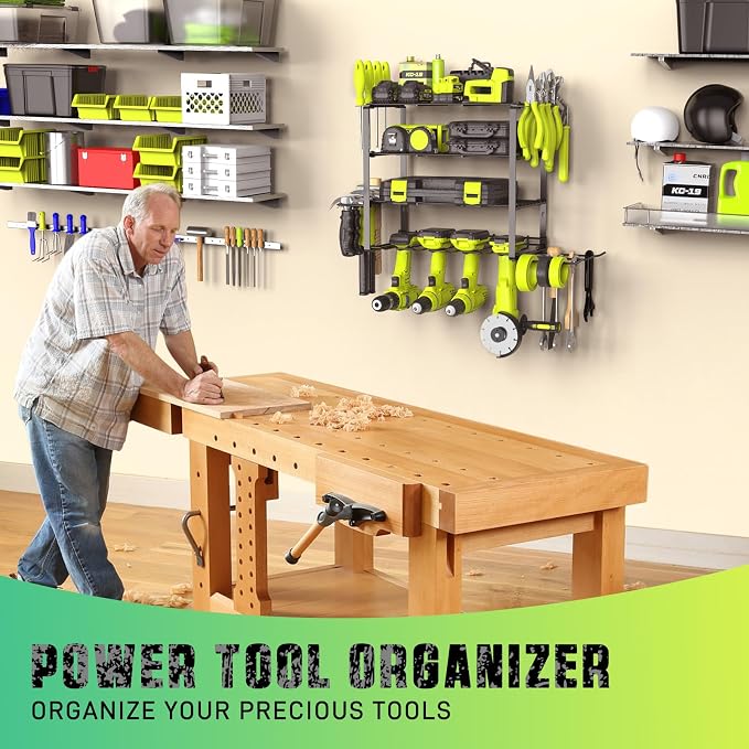 SUNALLY Power Tool Organizer, 4 Drill Holder Wall Mount, Garage Tool Organizer and Storage with Screwdriver Holder, Garage Organization, 4 Layer Cordless Drill Holder with Hammer Holder