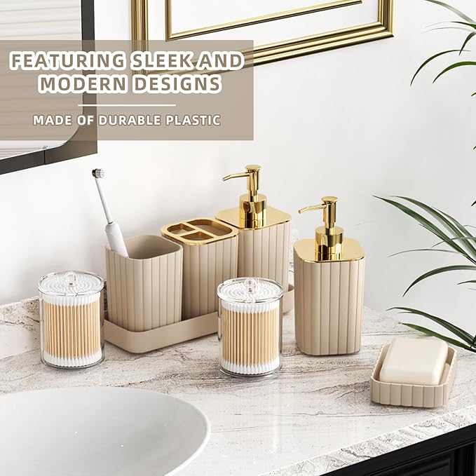 XLHOMO 26PC Bathroom Accessories Set - Gorgeous Beige Bathroom Set, Bathroom Accessory Set, Shower Curtain Set with Bathtub Mats for Shower Tub, Trash Can & Soap Dispenser