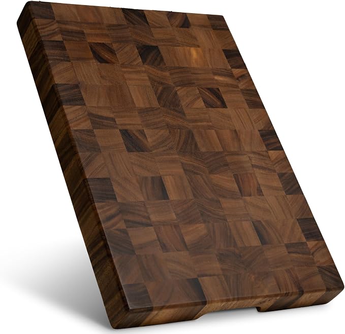 SHUMARU 17.3 × 12.6 × 2" End Grain Cutting Board, Professional Family Size Butcher Block, Thick Exotic Heartwood Chopping Block, Knife-Friendly Wood Cutting Board with Side Handles & Non-Slip Feet