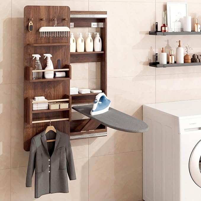 Kikihouse Wall Mounted Ironing Board Cabinet with Storage, Foldable Wall Ironing Board with Sliding Door, Wall Mount Space Saving Ironing Station for Laundry Room, Living Room, Entrance (Walnut)