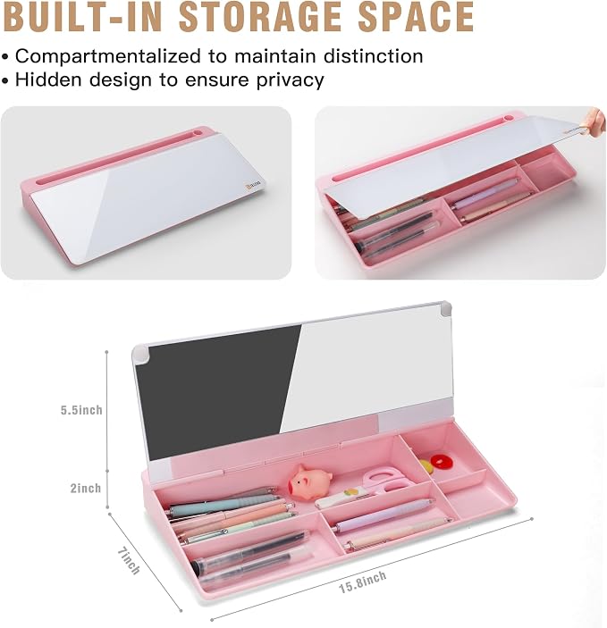 SELEAD Desktop Glass Whiteboard with Organizer & Built-in Mirror - Small Dry Erase White Board Computer Pad Keyboard Stand with Markers, Eraser, Holder for Women - Pink
