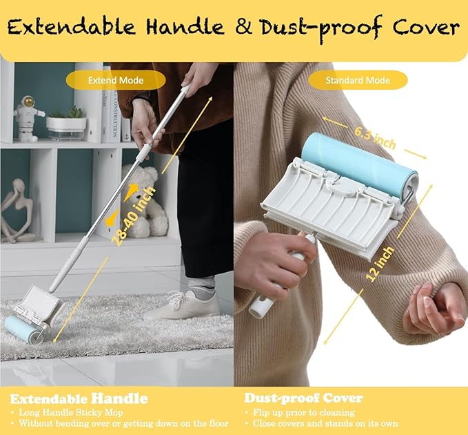 Large Surface Lint Roller Extra Sticky with Extendable Long Handle Dust-Proof Cover 6.3'' Wider 240 Sheets, Lint Rollers for Pet Hair Extra Sticky 400 Sheets
