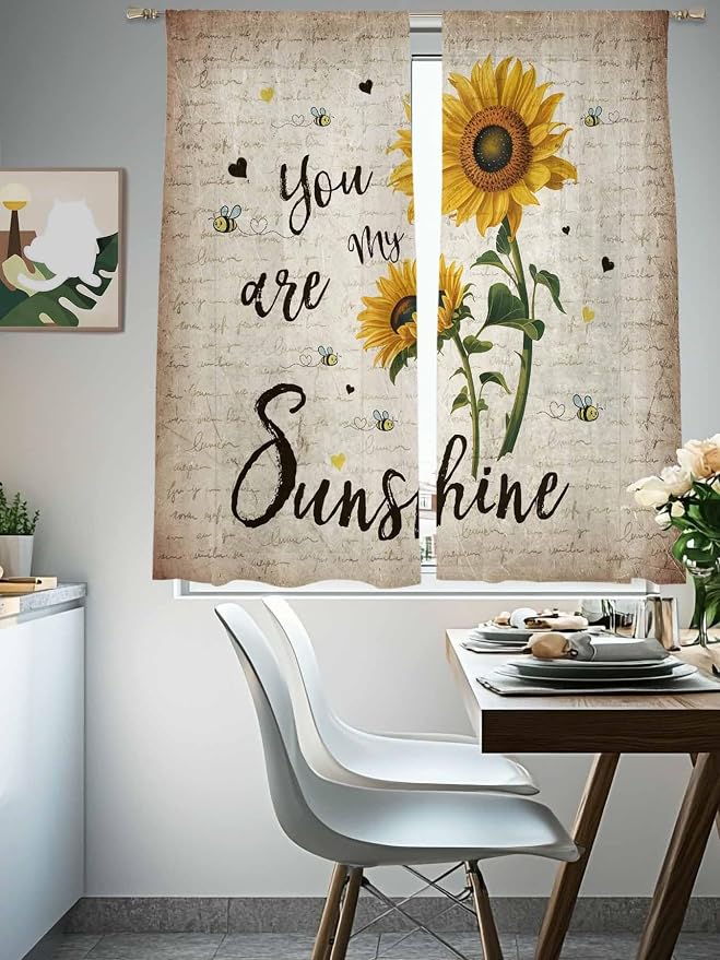 Sunflower Voile Sheer Curtain 63 Inch, Rod Pocket Rustic Yellow Floral Sheer Window Curtain Panels, Vintage Retro Beige Newspaper Letter Semi-Sheer Tulle Drape Chiffon Fabric for Bedroom Living Room