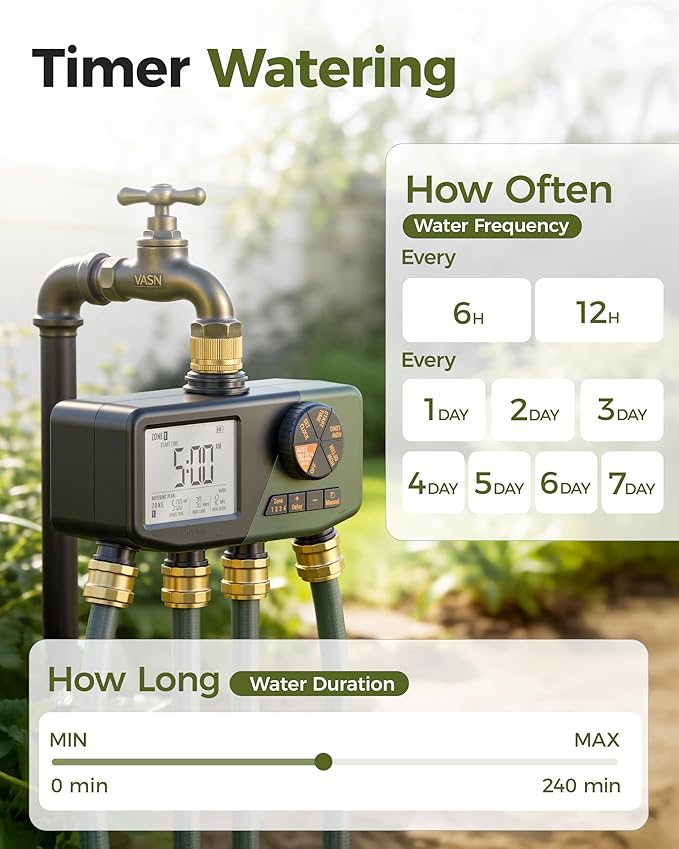 Diivoo 4 Zone Sprinkler Timer with Brass Inlet, IP68 Waterproof Water Timer,for Garden Hose with Large Display, Digital Control & Rain Delay & Manual Watering for Lawn, Yard