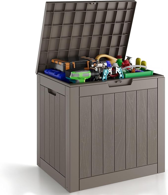 Deck Box, 32 Gallon Resin Indoor and Outdoor Storage Boxes Waterproof for Garden Tools, Pool Accessories Storage Bench, Patio Furniture and Cushions with Lockable Lid, Grey