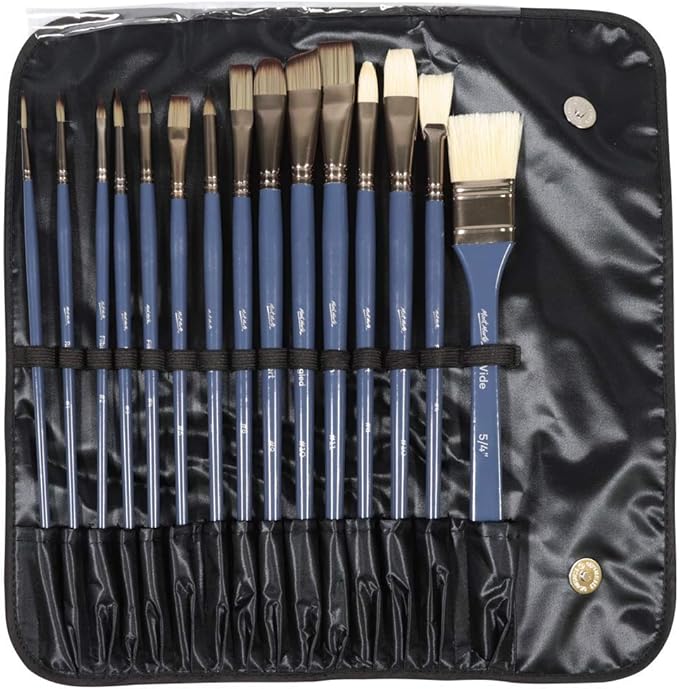 Mont Marte Premium Brush Wallet Set, 15 Piece, Includes Hog Bristle and Taklon Brushes, Suitable for Watercolor, Acrylic, Oil, Gouache and Tempera Painting