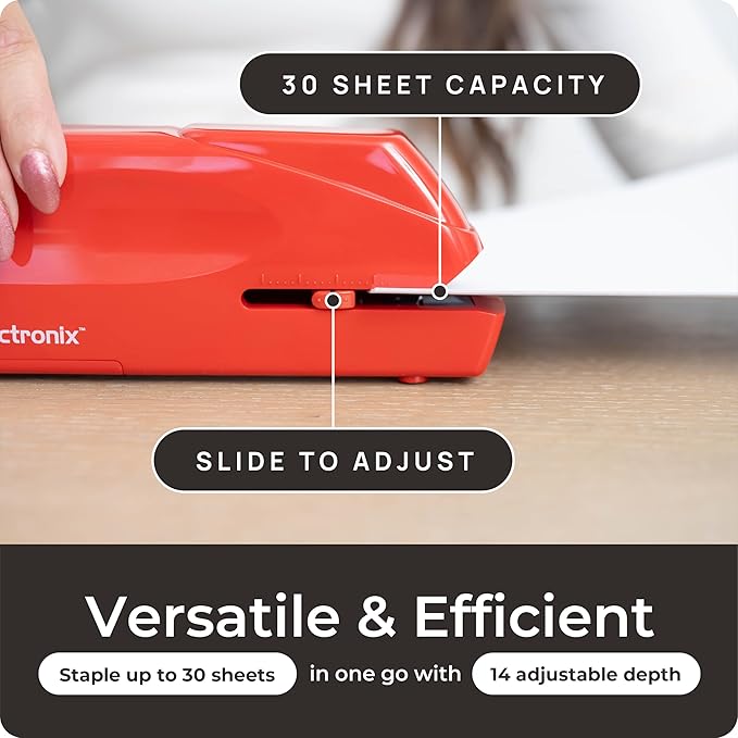 EcoElectronix Portable Automatic Electric Stapler Pro - 30 Sheet Capacity, Quiet Operation, Jam-Free and Easy Reload - AC Adapter/Battery Powered (Red)