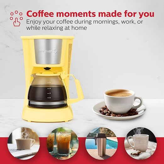 Holstein Housewares 5 Cup Drip Coffee Maker – Compact and User-Friendly with Auto Pause & Serve, Reusable Filter, Measuring Spoon & Glass Carafe, Office & Dorm Use, Yellow
