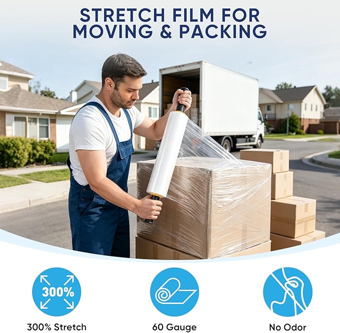 TICONN 2Pk Stretch Wrap Stretch Film Roll, 1000ft Industrial Strength 15 inch Wide Clear Plastic Wrap with Handles for Pallet Wrapping Shipping Moving