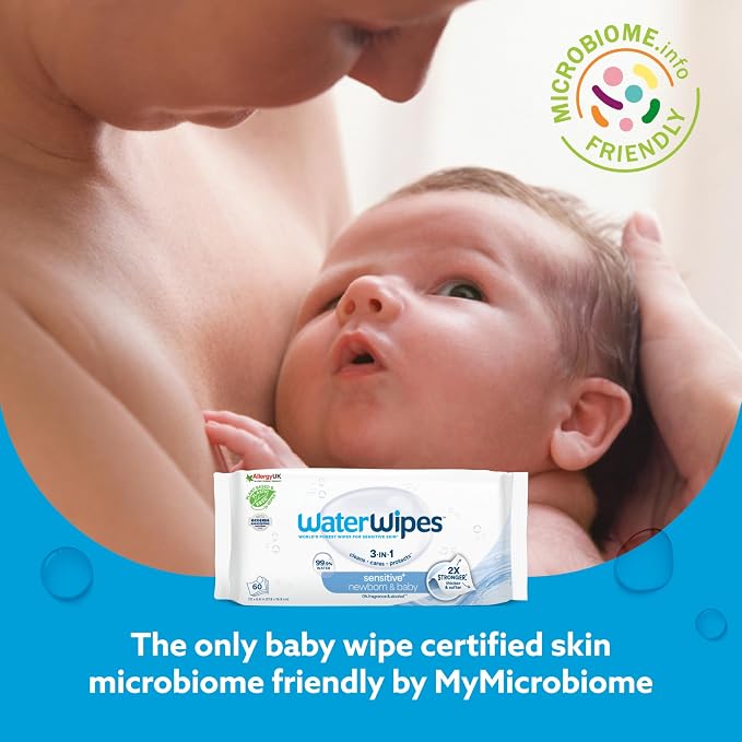 WaterWipes Sensitive+ Newborn & Baby Wipes, 3-In-1 Cleans, Cares, Protects, 99.9% Water, Unscented & Hypoallergenic, 240 Count (4 Packs)