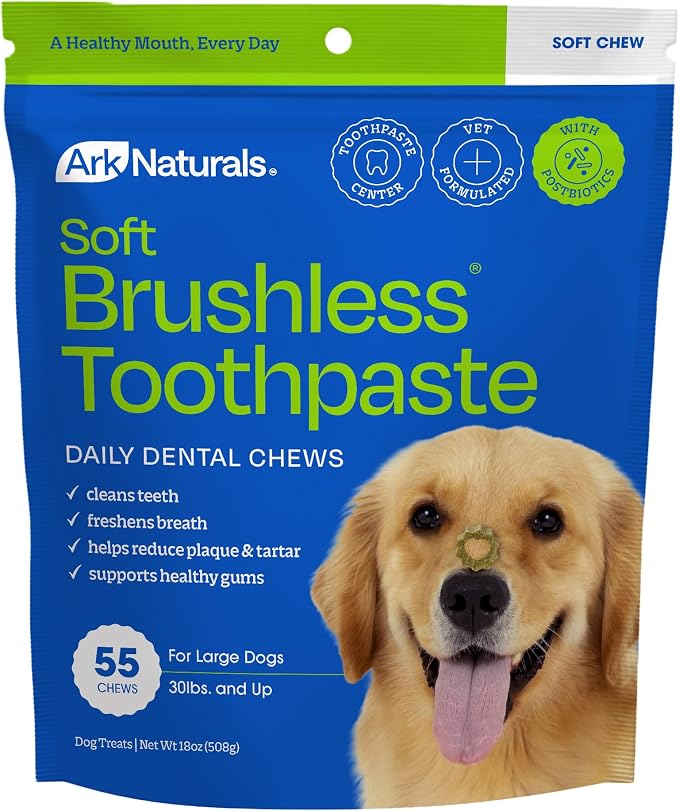 Ark Naturals Soft Brushless Toothpaste - Large Breeds (55 ct) | Vet Formulated Soft-Baked Dog Dental Chew with Toothpaste Center – Freshens Breath, Reduces Plaque & Tartar