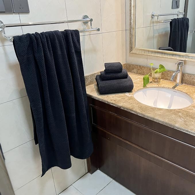YTYC 29x59 Bath Towels Set,Towels for Bathroom,Black,6-Pieces | 2 Large Bath towels,2 Hand towels (14x29"),2 Washcloth (13x13"),Super Soft,Highly absorbent,Hanging Loop,80%Polyester