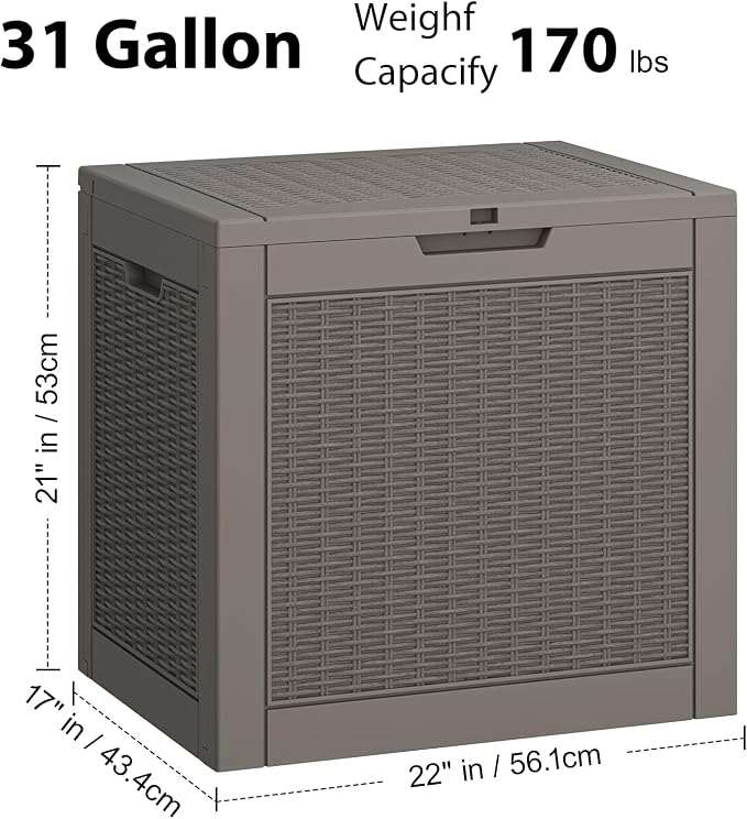 NUNU LAB Outdoor Storage Box 31 Gallon,Waterproof Indoor Outside Deck Boxes,Backyard Storage Bin for Package Delivery,Garden Tools,Patio Cushions,Pool Accessories,Storage Bench Lockable Lid,Tool Box