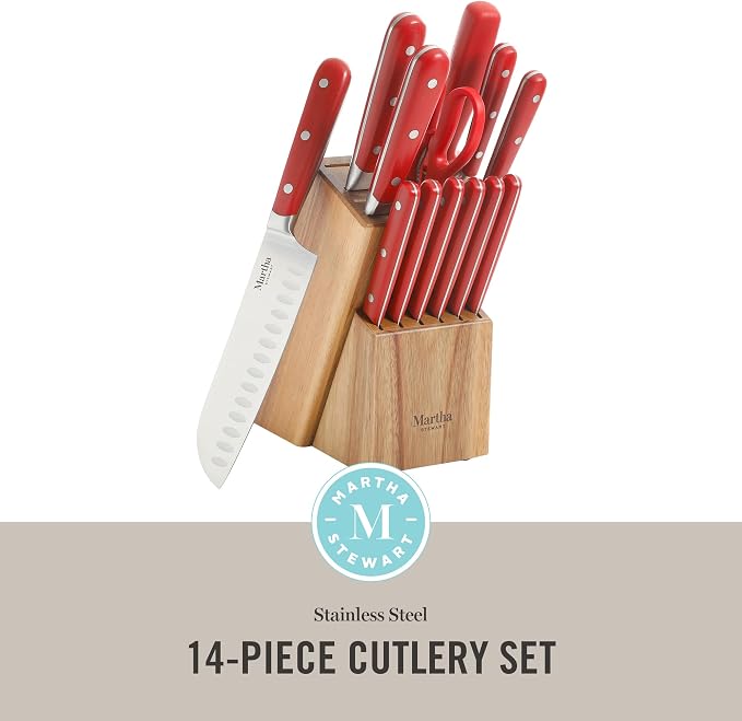 MARTHA STEWART Eastwalk 14 Piece High Carbon Staineless Steel Cutlery Knife Block Set w/ABS Triple Riveted Forged Handle Acacia Wood Block - Red