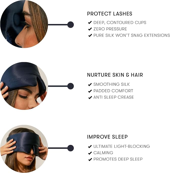 DROWSY Eyelash Protecting Silk Sleep Mask for Natural Lashes & Extensions. Deep Eye Cups, Zero Pressure, Total Blackout, Full Wraparound (Midnight Blue)
