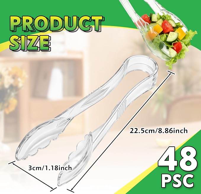 48 Pack Plastic Tongs for Serving, 9 Inch Heavy Duty Hard Plastic Serving Tongs with Scalloped Tips, BPA-Free Reusable or Disposable Serving Utensils for Buffets, BBQ, Parties & Catering