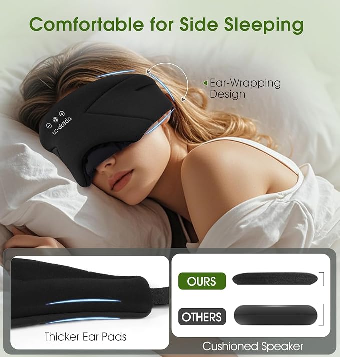 Sleep Mask with Headphones Bluetooth 5.4, LC-dolida Wireless Music Eye Mask for Sleeping Headphones with Soft Bamboo Cotton Cooling Breathable,Ultra-Thin Stereo Speaker for Side Sleepers-Ink