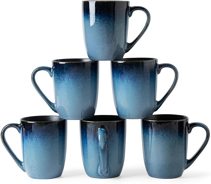 MONITO 14oz Ceramic Coffee Mugs Set of 6,Ice-Snow Blue Mugs with Handle | Perfect for Latte, Cappuccino, Tea & Cocoa, Ideal Reusable Drinking Cups for Home, Kitchen & Office Daily Use