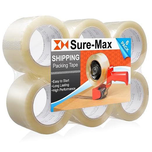 Sure-Max 6 Rolls Extra-Wide Shipping & Packing Tape (3" x 110 yard/330' Each) - Moving & Adhesive Carton Sealing - 2.0mil Clear