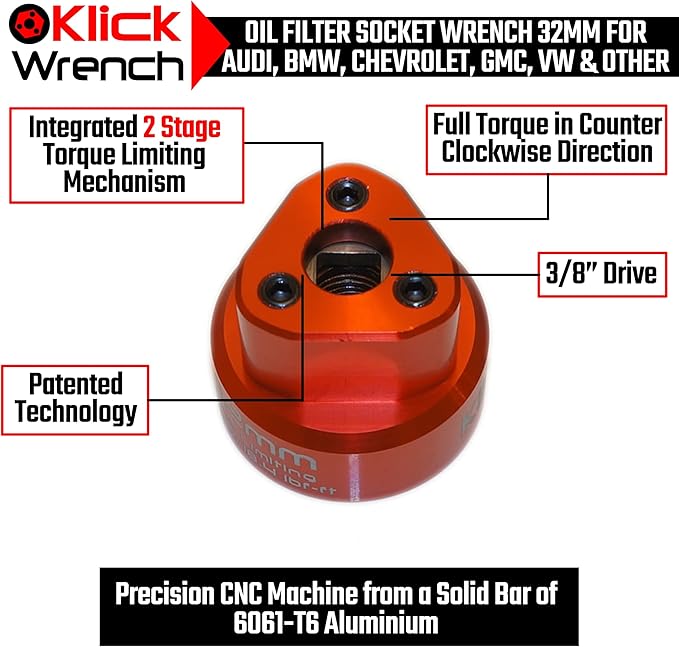 32mm Hex Socket 2 Stage Torque Limiting Oil Filter Wrench Red 6061-T6 Billet Aluminum