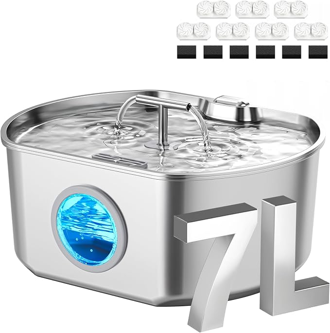 Cat Water Fountain Stainless Steel - 7L/236oz Cat Drinking Fountain | Dog Water Fountain Inside - Automatic Dog Watering Dispenser Bowl - Large Capacity for Multiple Pets (7 Filters)
