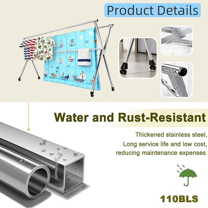 Clothes Drying Rack Folding Indoor Outdoor Rolling Portable Laundry Drying Rack, Heavy Duty Laundry Hanger Dryer Rack with 20 Hooks