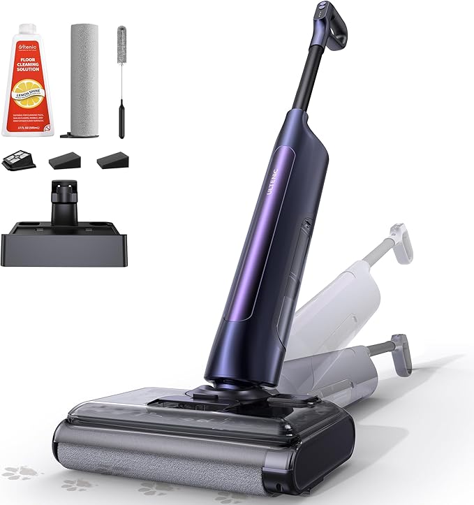 Ultenic Wet Dry Vacuum Cleaner, Vacuum Mop for Wet & Dry Messes, 180° Lay-Flat & Auto Self-Cleaning, 60Mins Runtime ＆ Edge-Cleaning, Anti-Tangle Roller for Hard Floor and Pet Hair, AC1 TriFlex