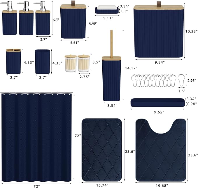 Bathroom Accessory Set - Navy Blue Bathroom Set, 27PC Bathroom Accessories Set, Bathroom Sets with Shower Curtain and Rugs, Mini Trash Can, Toilet Brush, Trash Can & Soap Dispenser