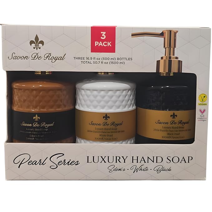 Savon De Royal Luxury Pack of 3 Liquid Hand Soap, Jasmine/Musk Vanilla/Vanilla Orange Bathroom Soap Hand Wash Refillable Bottle Gift 50.7 Fl Oz
