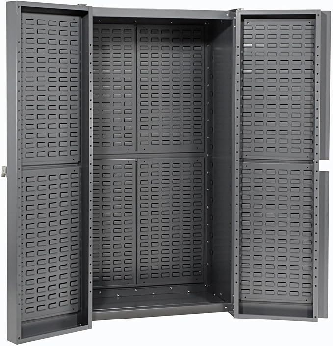 Global Industrial Deep Door Bin Cabinet, Includes 132 Blue Plastic Bins | Padlockable Steel Cabinet, 38"W x 24"D x 72"H, For Tool and Parts Storage, Assembly Required
