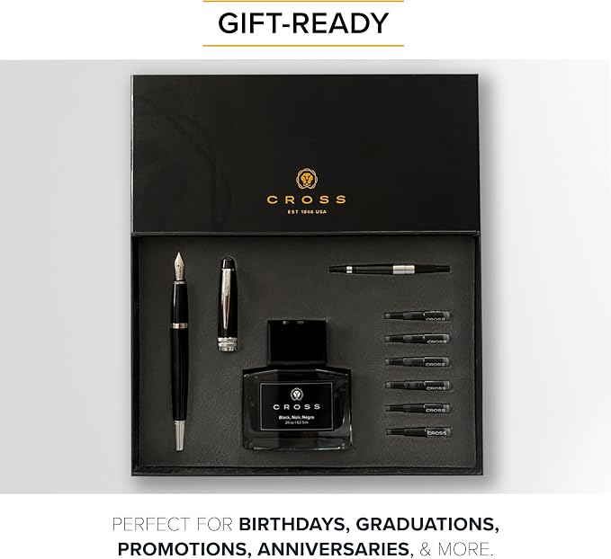 Cross Bailey Refillable Fountain Pen, Medium Nib Gift Set, Includes Fountain Pen, Ink Cartridges, Bottle Ink, Converter, Premium Gift Box - Black