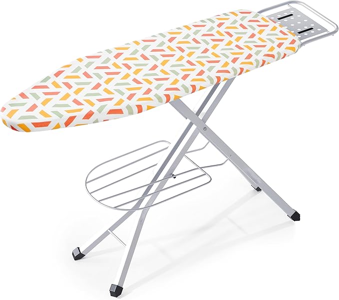 BKTD Ironing Board, Heat Resistant Cover Iron Board with Steam Rest, Non-Slip Foldable Ironing Stand. Heavy Sturdy Metal Frame Legs Iron Stand(13 * 34 * 53 Inches) (Geometric White)