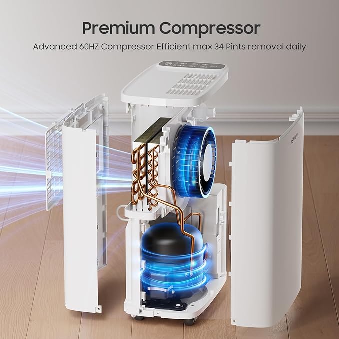 ASAHWo 2500 Sq.Ft Dehumidifier for Basement with Drain Hose Max 34 Pints, Dehumidifiers for Home, Bathroom, Bedroom, 4 Pre-Set Modes, Intelligent Humidity Control, Dry Clothes Quiet Operation