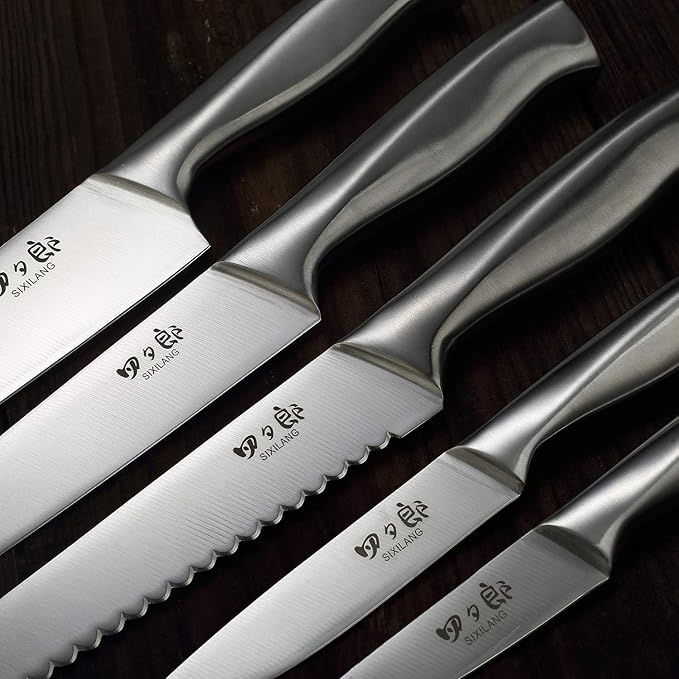 Knife Set, 8 Piece German Stainless Steel Hollow Handle Manual Knife Sharpener Forged Kitchen Knives Set with Oak Wooden Block Gift