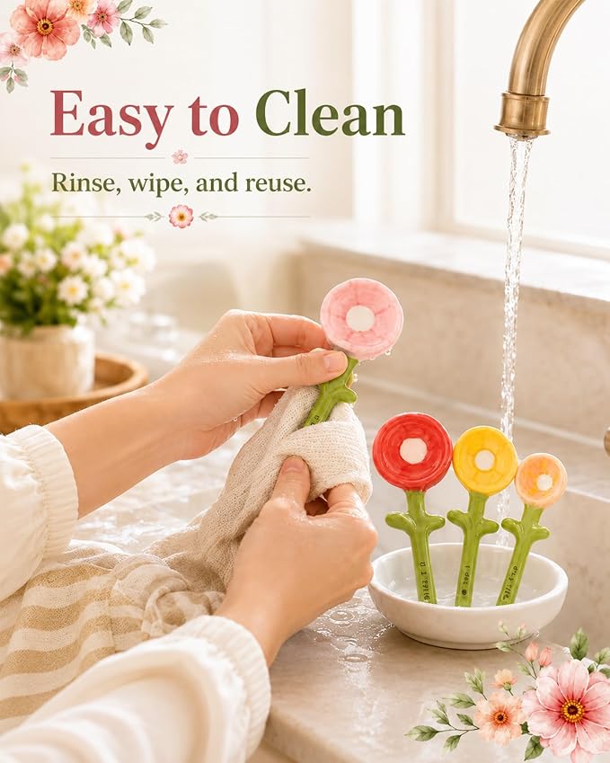 Flower Pot Ceramic Measuring Spoon Set, 5PCS Cute Spoons Cups with Base, Ceramic Baking Measuring Spoons with Holder for Dry & Wet Ingredients, Unique Baking Supplies Gift, Dishwasher Safe(Blue*2)