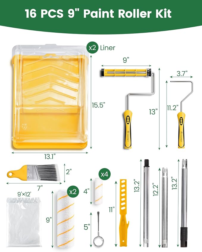 VOOMEY Paint Roller Kit with Extension Pole - 9 Inch Paint Roller with Tray, Mini Paint Roller 4 inch, Small Paint Brush, 16 Piece Complete Painting Tool Set Suitable for House & Wall Painting