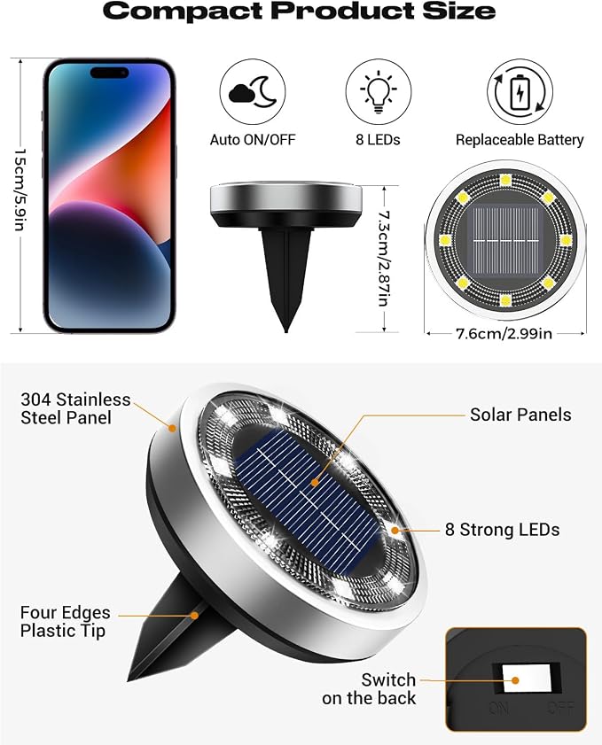 Btfarm 6 Pack Solar Lights Outdoor Waterproof, 8 LED Solar Ground Lights